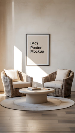 Modern living room interior with armchairs, coffee table and poster mockupの写真素材