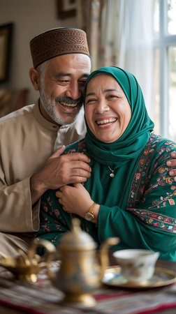Portrait of a happy muslim senior couple in the living roomの写真素材
