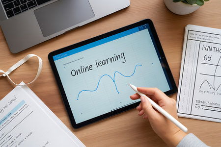 Hand holding a tablet with online education concept on the screen. All screen graphics are made up.の写真素材