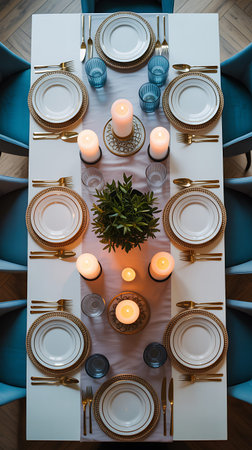 Elegant table setting with candles and cutlery, top viewの写真素材