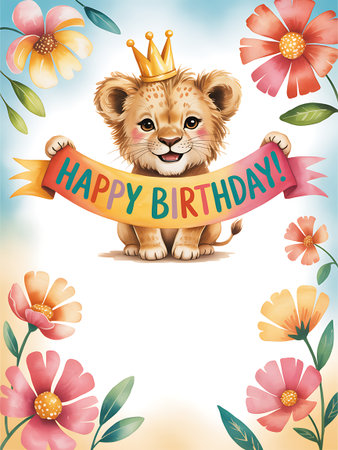 Happy birthday card with cute lion in crown and flowers. Vector illustration.の写真素材