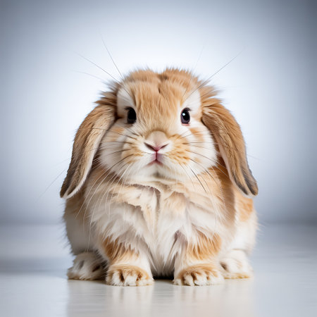 Cute red and white lop-eared rabbit on a gray backgroundの写真素材