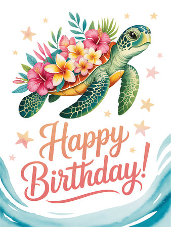 Happy birthday greeting card with sea turtle and flowers. Vector illustration.の写真素材