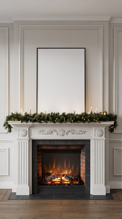 Mock up poster frame in classic interior with fireplace and christmas tree. 3d renderの写真素材