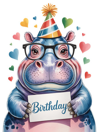 Hippo with birthday hat and placard. Vector illustration.の写真素材