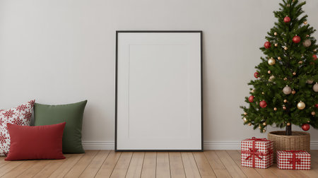 Mock up poster frame in modern interior with Christmas tree. 3d illustrationの写真素材