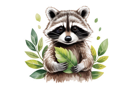 Cute raccoon with green leaves. Vector illustration on white background.の写真素材
