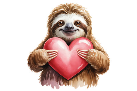 Cute cartoon sloth with big red heart. Vector illustration.の写真素材