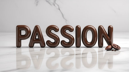 3d rendering of word Passion with coffee beans on white marble backgroundの写真素材