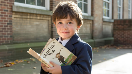Portrait of a smiling schoolboy holding a book in his handsの写真素材