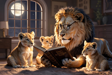 Lion, lioness and lion cubs reading a book together.の写真素材