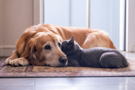 Golden Retriever and gray cat lying together on the floor.の写真素材