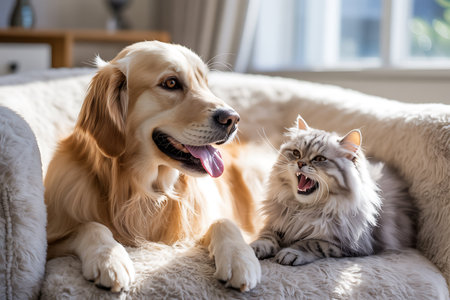 Cute golden retriever dog and cat lying on sofa at homeの写真素材