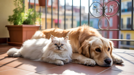 Cute Golden Retriever puppy and cat on the floor at homeの写真素材