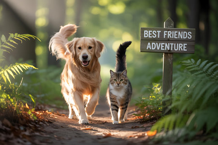 Cute Golden Retriever dog and cat eating fruit in the parkの写真素材
