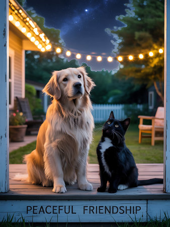 Cute golden retriever dog and black cat sitting in front of house at nightの写真素材