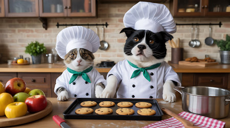 Funny dog and cat in chef uniform with cookies in the kitchenの写真素材