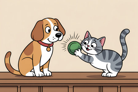 Cat and dog playing with a ball in the kitchen. Vector illustration.の写真素材