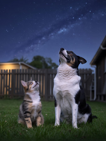 Kitten and dog sitting in the garden under the starry skyの写真素材