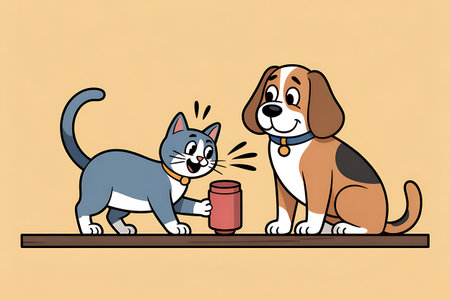 dog and cat with a cup of coffee, illustration in vector formatの写真素材