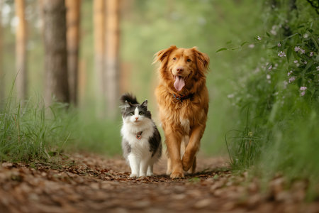 dog and cat in the forest. Nova Scotia Duck Tolling Retrieverの写真素材