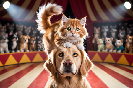 Portrait of golden retriever dog and cat on a circus backgroundの写真素材