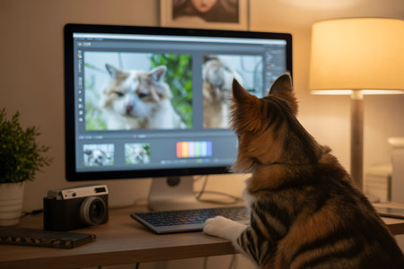 Cute cat watching movie on computer at table in living room at homeの写真素材