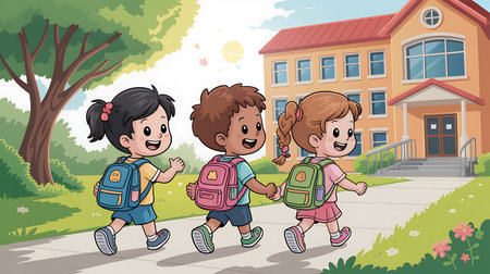 Happy kids with backpacks walking to school. Vector illustration of kids going to school.の写真素材