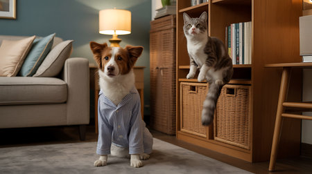 Cute dog and cat on floor at home. Pet care conceptの写真素材