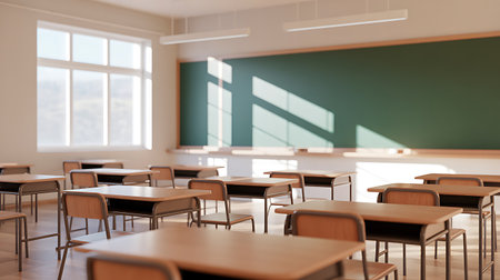 Classroom interior with empty green chalkboard and wooden chairs. 3D Renderingの写真素材