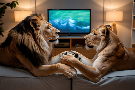 lion and lioness playing video game on sofa in living roomの写真素材