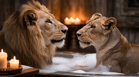 Lion and lioness take a bath in a bathtub.の写真素材