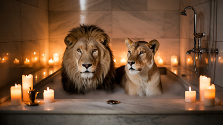 Lion and lioness in a bathtub with candles in the backgroundの写真素材