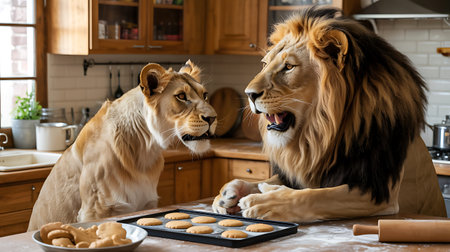Lion and lioness are preparing cookies in the kitchen at homeの写真素材
