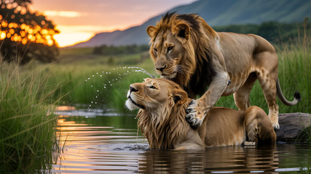 Lion and lioness drinking water at Okavango Delta, Botswanaの写真素材