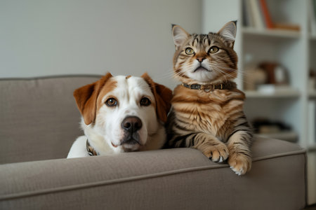 Cute cat and dog on sofa at home. Pet care conceptの写真素材