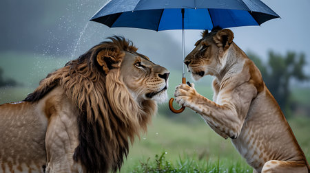 Lion and lioness playing with an umbrella in the rain.の写真素材