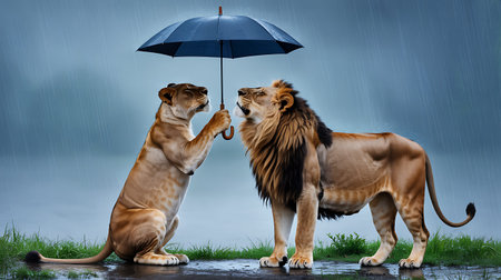 Lion and lioness playing with umbrella in rain. Mixed mediaの写真素材