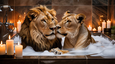 Lion couple taking a bath in a bathtub with candles.の写真素材