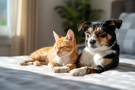 Cute cat and dog together on bed at home. Pet care conceptの写真素材