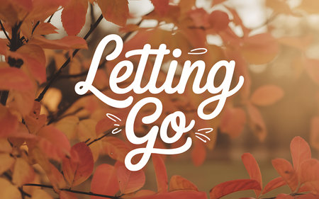 Lettering Letting Go. Greeting Card. Autumn Background.の写真素材