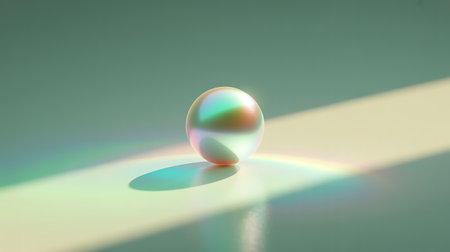 3d render of a glass ball with a rainbow in the backgroundの写真素材