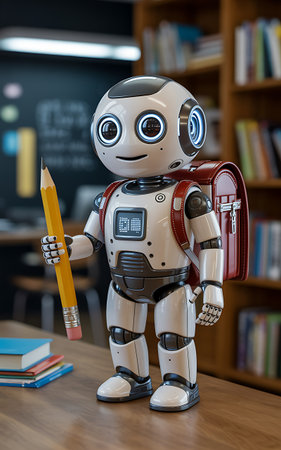 Robot with pencil in school library. Education and technology concept.の写真素材