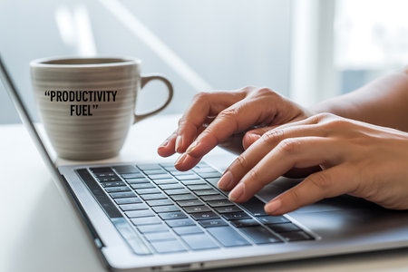 Close-up image of female hands typing on laptop keyboard and cup of coffeeの写真素材