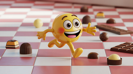 3d illustration of happy emoticon running on checkered backgroundの写真素材