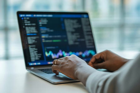 Close up of male hands typing on laptop keyboard in office. Businessman working with computer.の写真素材