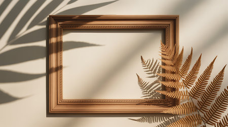 Frame mockup with fern leaves shadow on wall. 3d renderingの写真素材