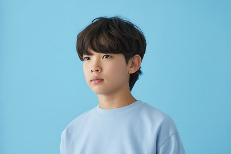 Portrait of a boy looking at the camera on a blue backgroundの写真素材