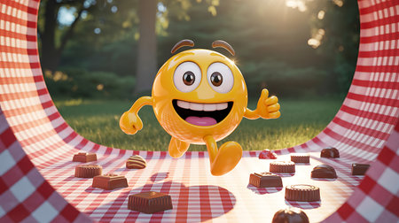 Funny smiley with chocolate against checkered tablecloth in parkの写真素材