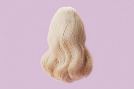 Blond hair wig isolated on pastel pink background. Long healthy hair.の写真素材